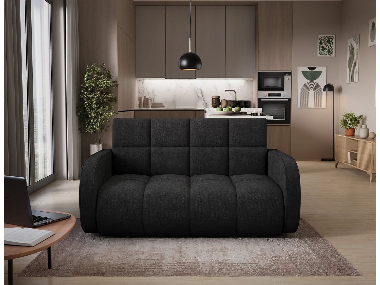 Canapé convertible tissu DENVERS – Avec coffre de rangement-Noir