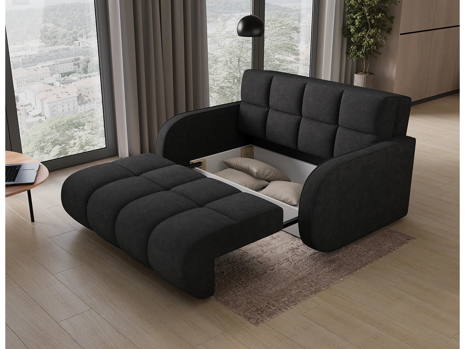 Canapé convertible tissu DENVERS – Avec coffre de rangement-Noir