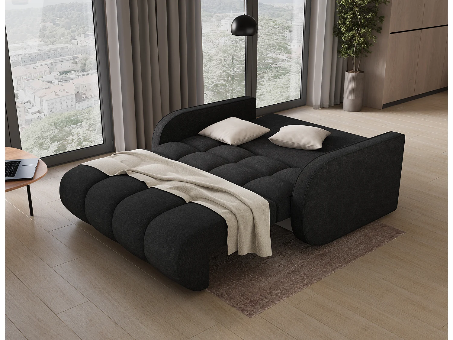 Canapé convertible tissu DENVERS – Avec coffre de rangement-Noir