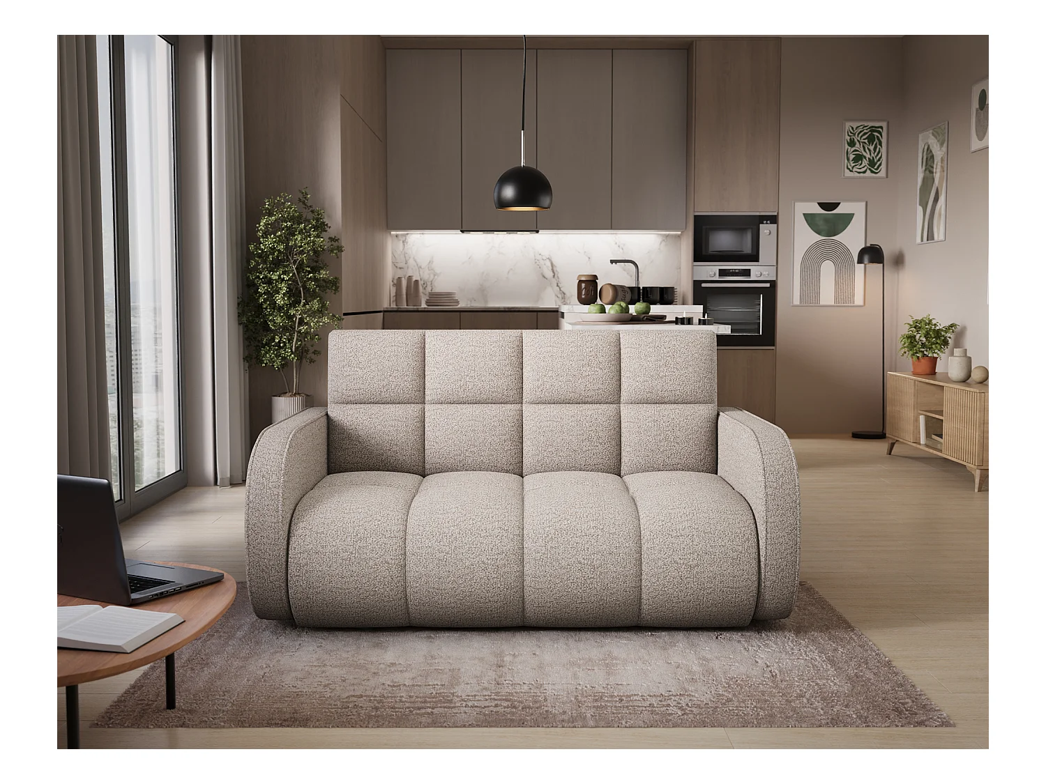 Sofá convertible de tela DENVERS – Con caja de almacenaje-Color ribete verde crudo