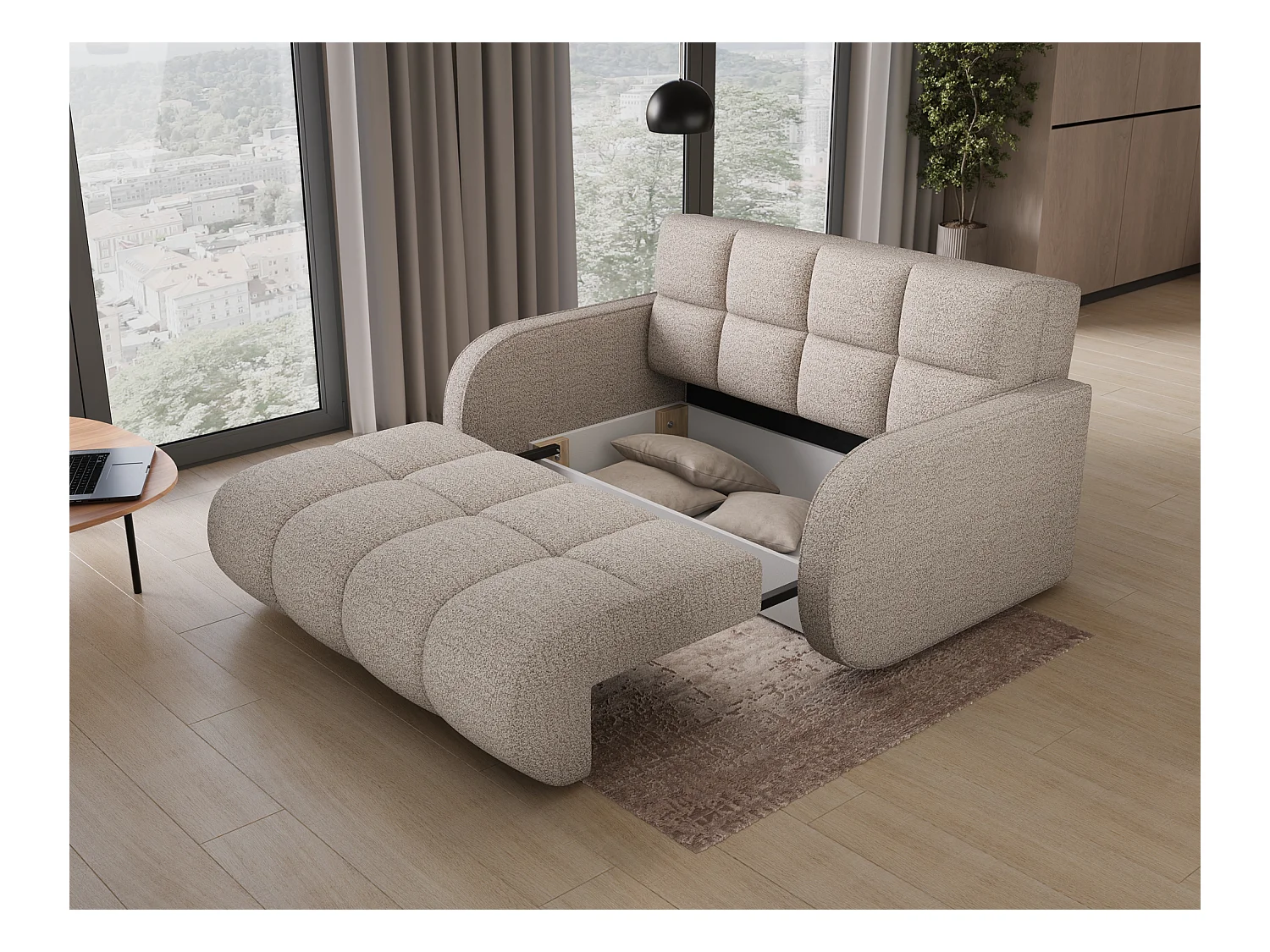 Sofá convertible de tela DENVERS – Con caja de almacenaje-Color ribete verde crudo