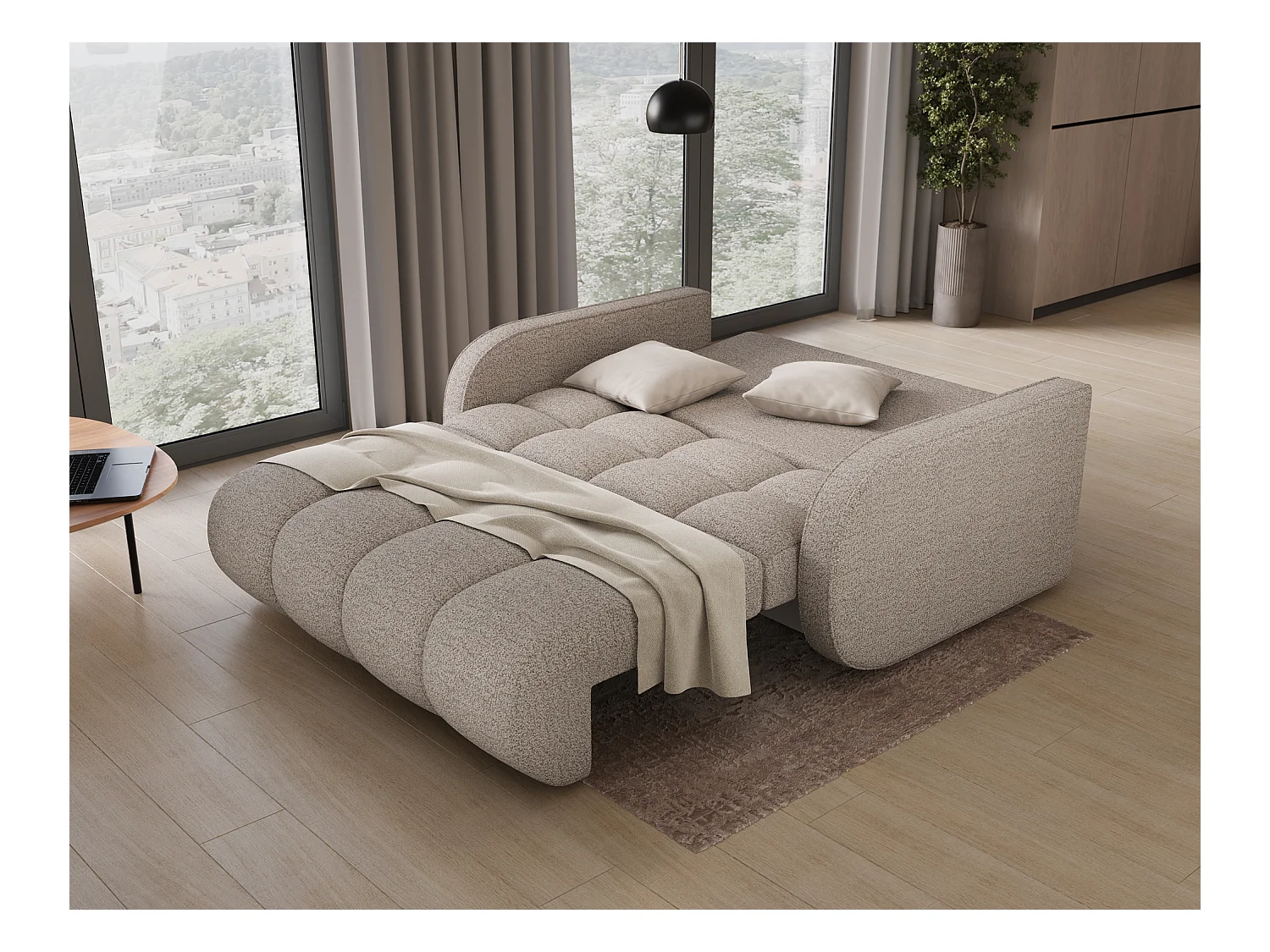 Sofá convertible de tela DENVERS – Con caja de almacenaje-Color ribete verde crudo