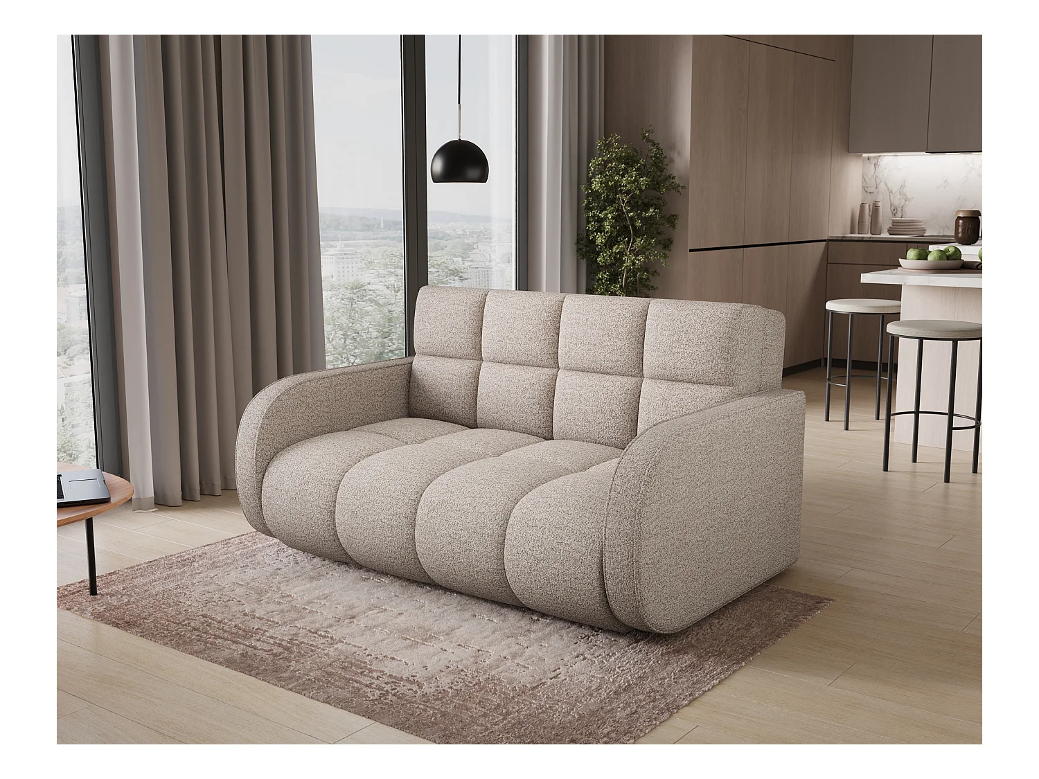 Sofá convertible de tela DENVERS – Con caja de almacenaje-Color ribete verde crudo