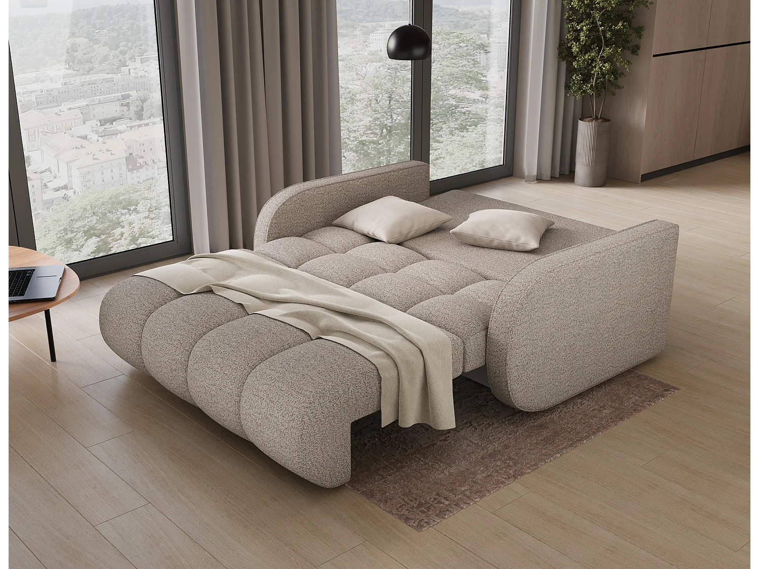 Canapé convertible tissu DENVERS – Avec coffre de rangement-Beige