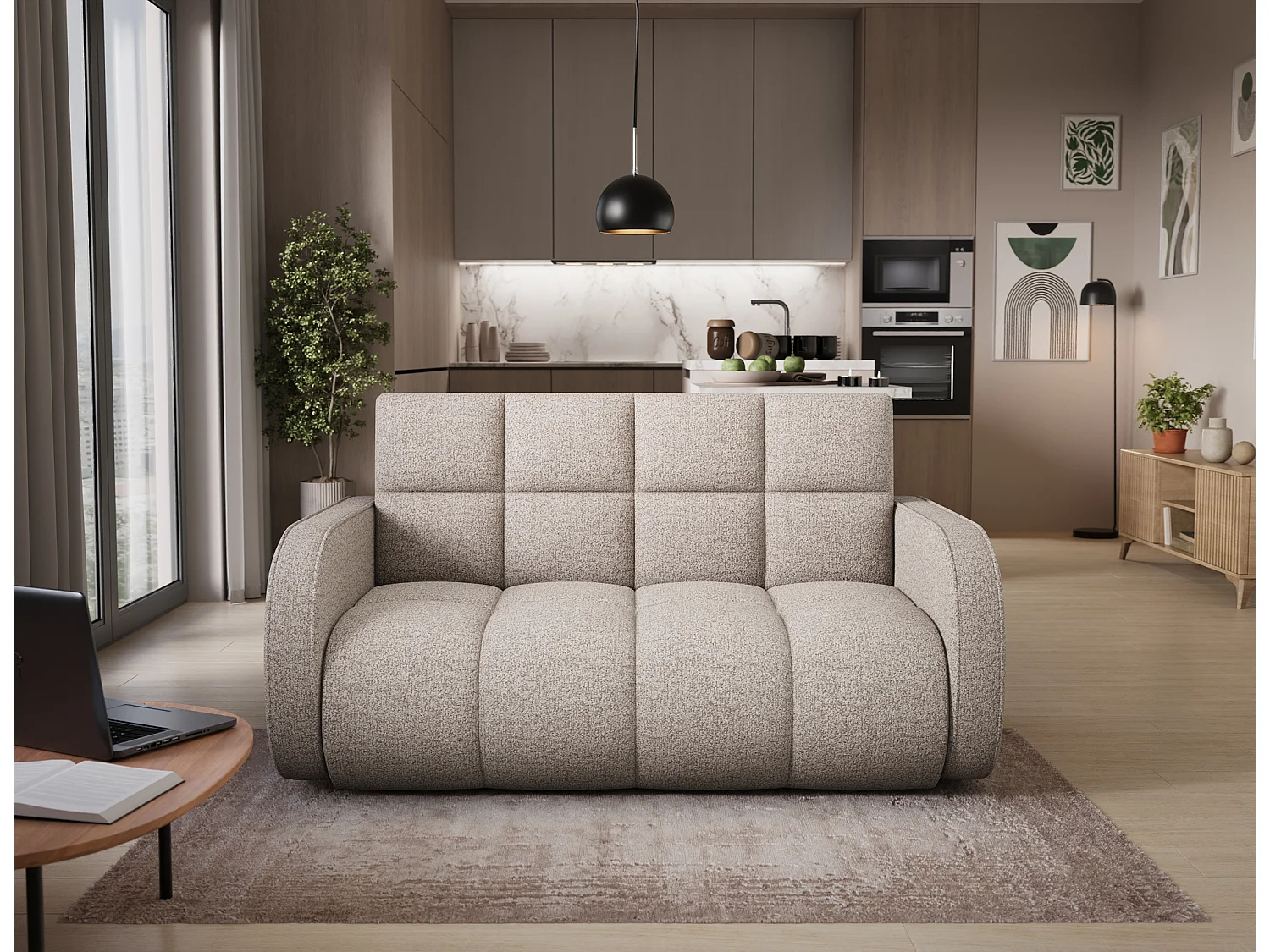 Canapé convertible tissu DENVERS – Avec coffre de rangement-Beige