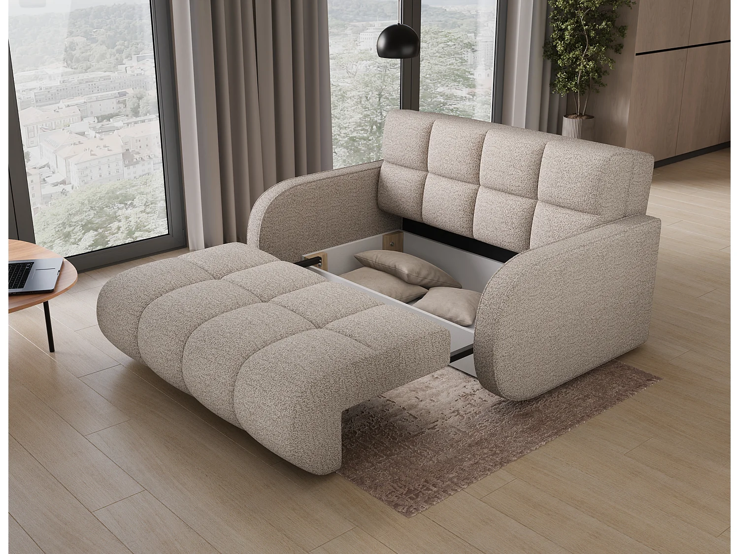 Canapé convertible tissu DENVERS – Avec coffre de rangement-Beige