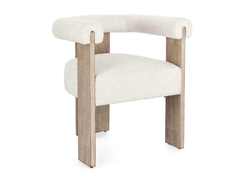 Chaise avec accoudoir en tissu bouclette et structure en bois – Modèle Agathy-Naturel/Beige clair