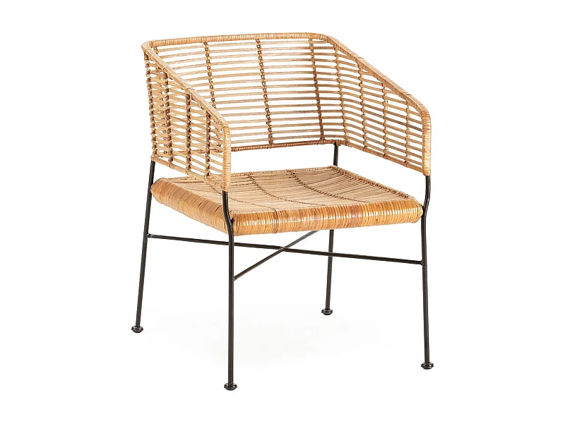 Fauteuil en osier naturel et pieds métal noir KALIA– intérieur et extérieur