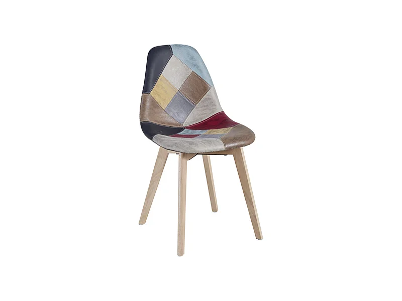 Chaise en similicuir patchwork rouge et pieds en hêtre massif clair – Modèle Vinko