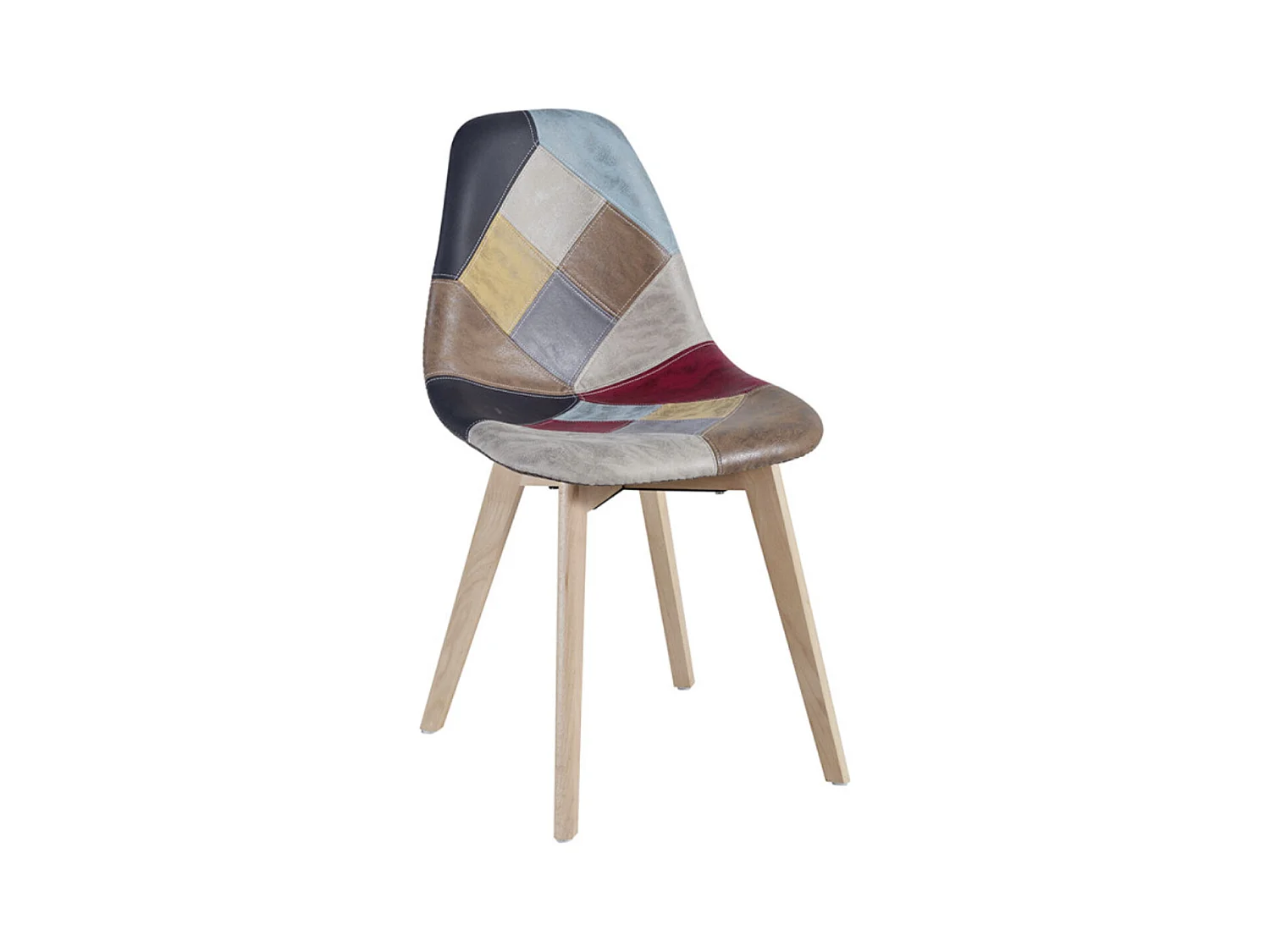 Chaise en similicuir patchwork rouge et pieds en hêtre massif clair – Modèle Vinko