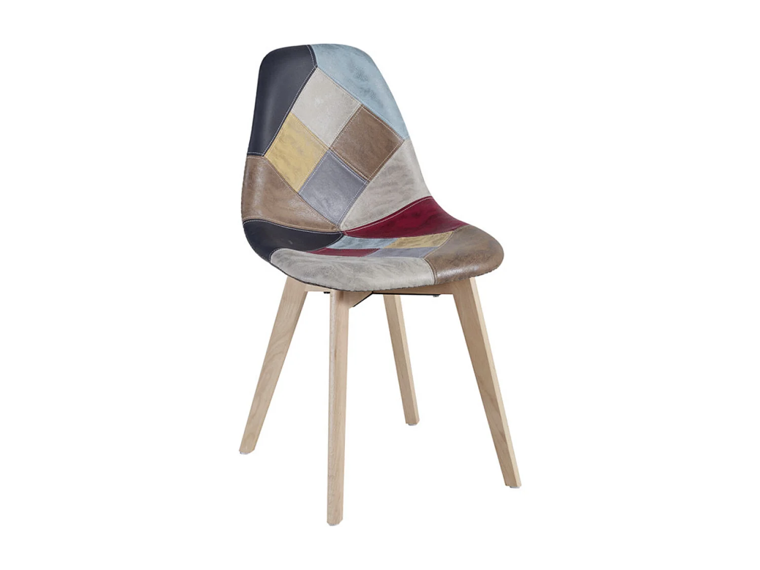 Chaise en similicuir patchwork rouge et pieds en hêtre massif clair – Modèle Vinko