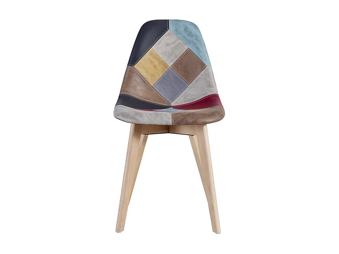 Chaise en similicuir patchwork rouge et pieds en hêtre massif clair – Modèle Vinko