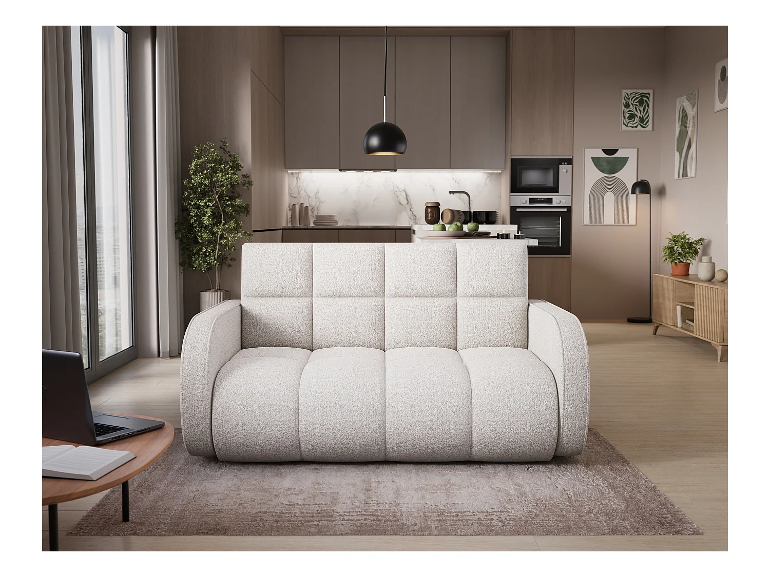 Canapé convertible tissu DENVERS – Avec coffre de rangement-Blanc