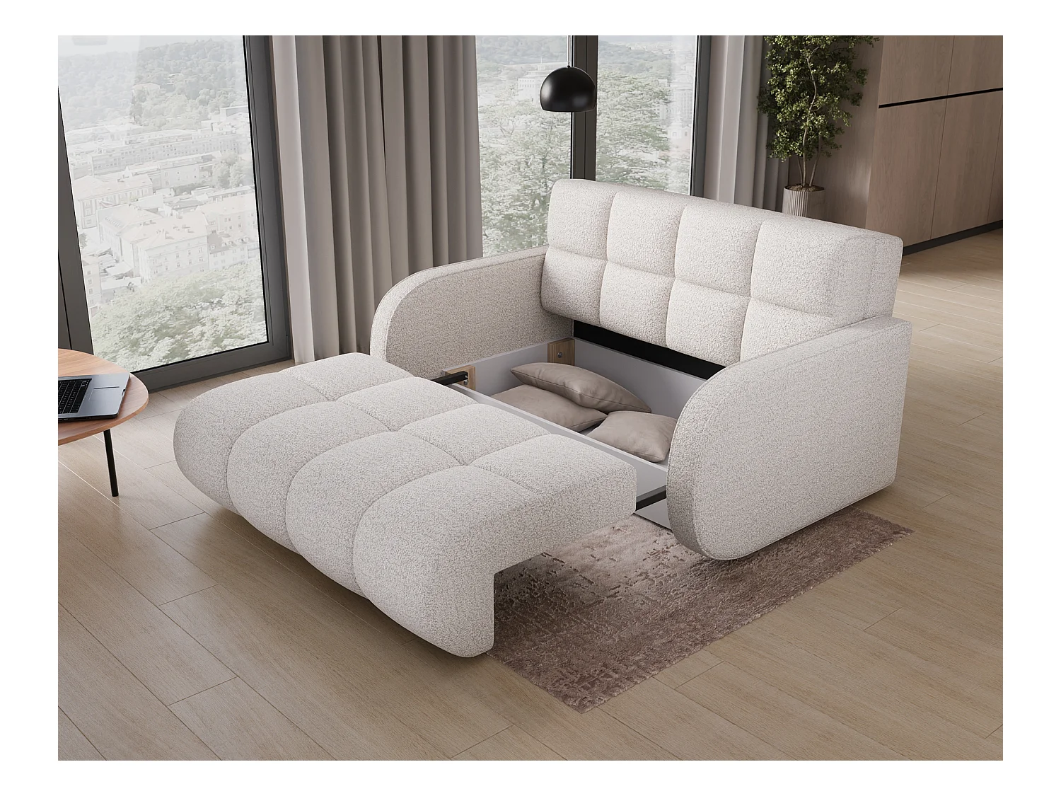 Canapé convertible tissu DENVERS – Avec coffre de rangement-Blanc