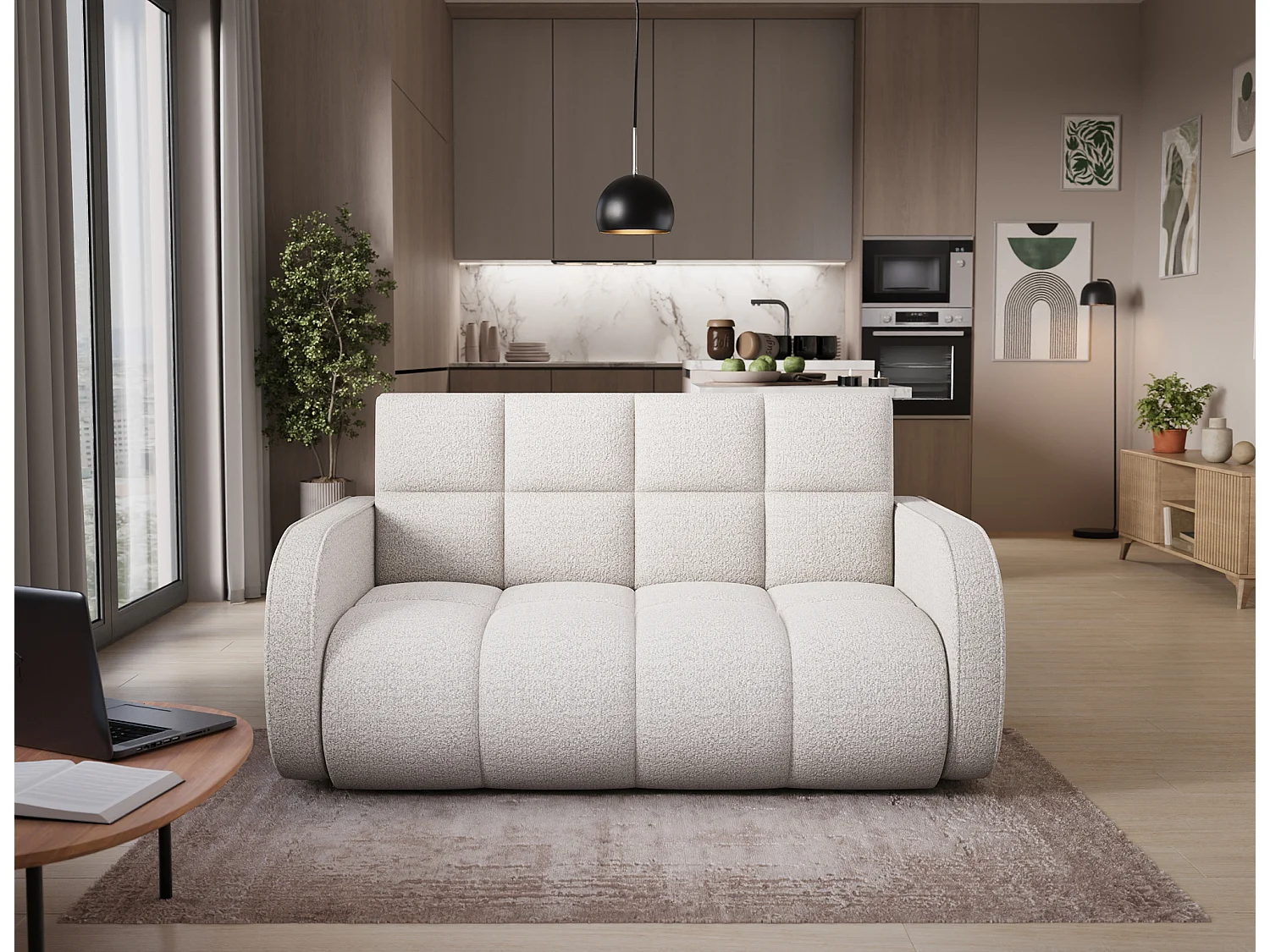 Canapé convertible tissu DENVERS – Avec coffre de rangement-Blanc