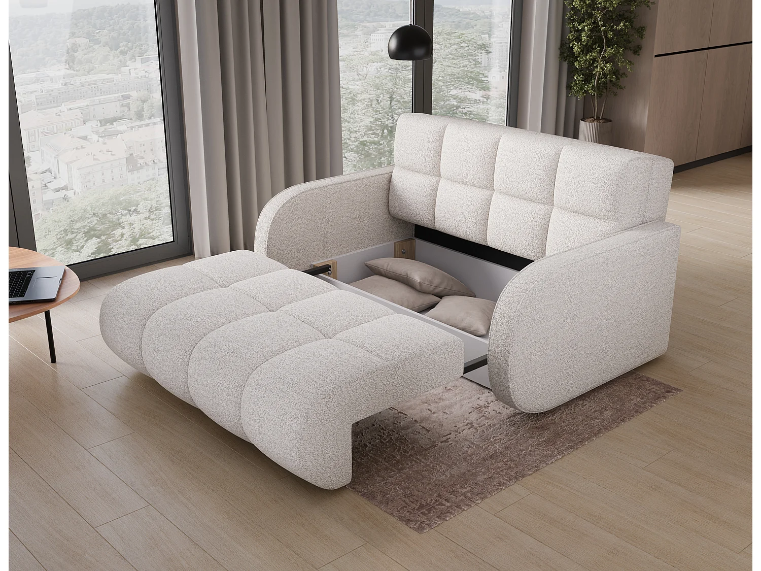 Canapé convertible tissu DENVERS – Avec coffre de rangement-Blanc