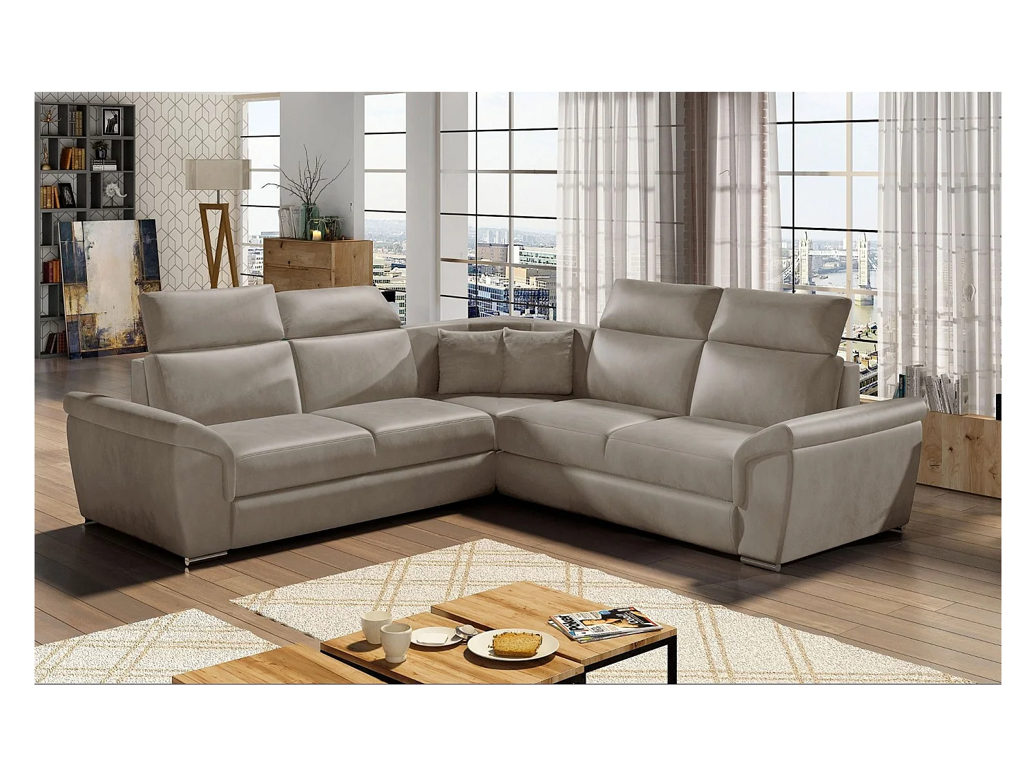 Sofá esquinero Neo reversible y convertible en terciopelo - Patas de acero cromado-Color ribete verde crudo