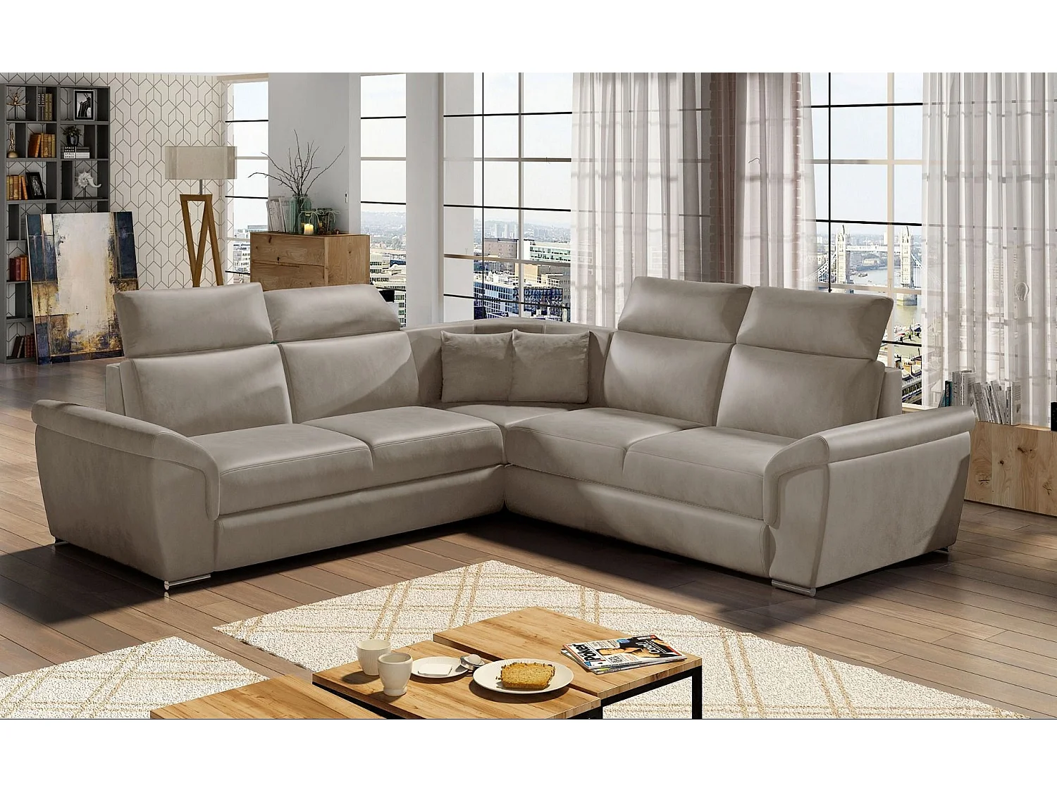 Sofá esquinero Neo reversible y convertible en terciopelo - Patas de acero cromado-Color ribete verde crudo