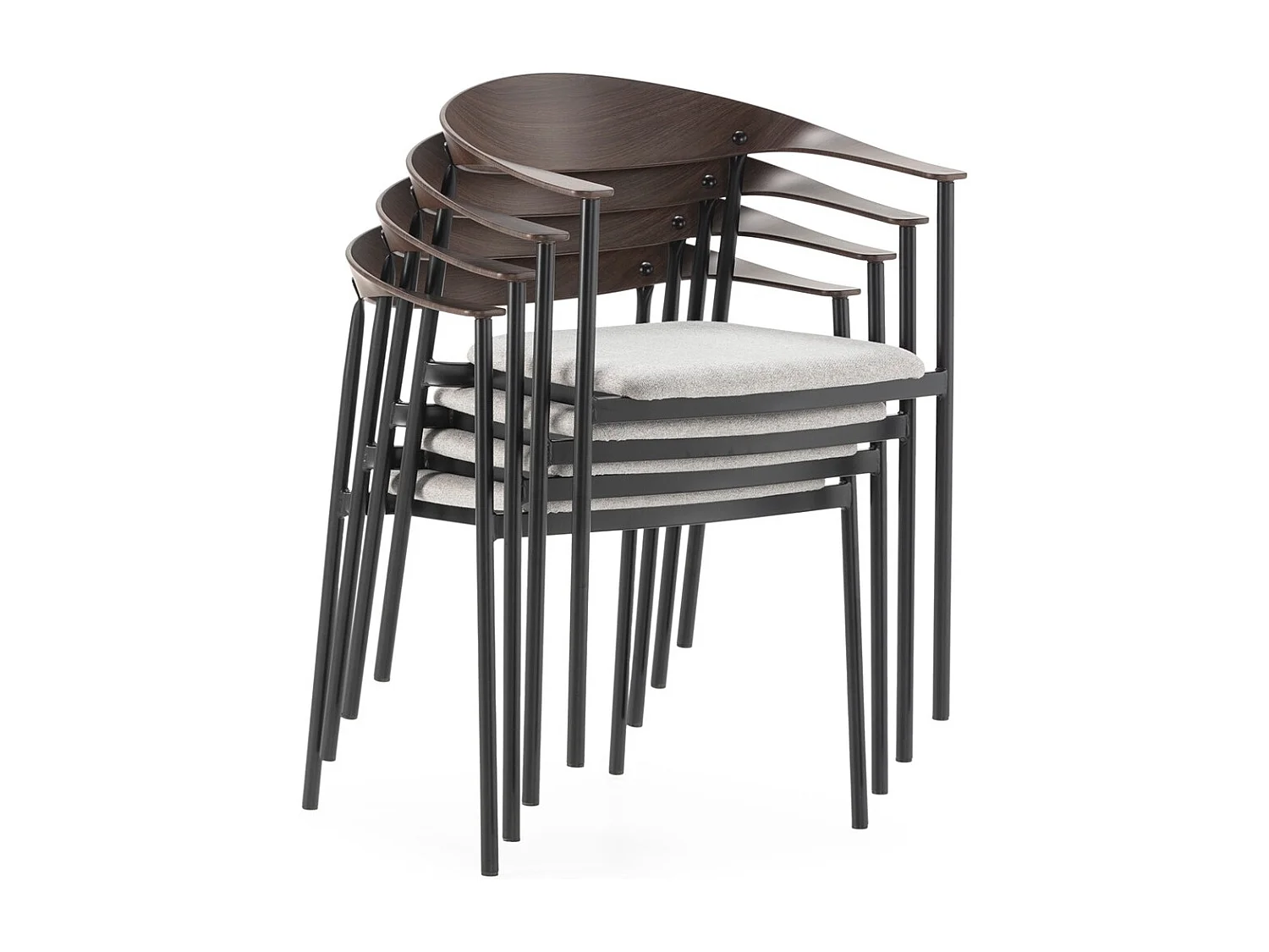 Chaise empilable KALIKO - Métal noir, bois noyer et tissu blanc