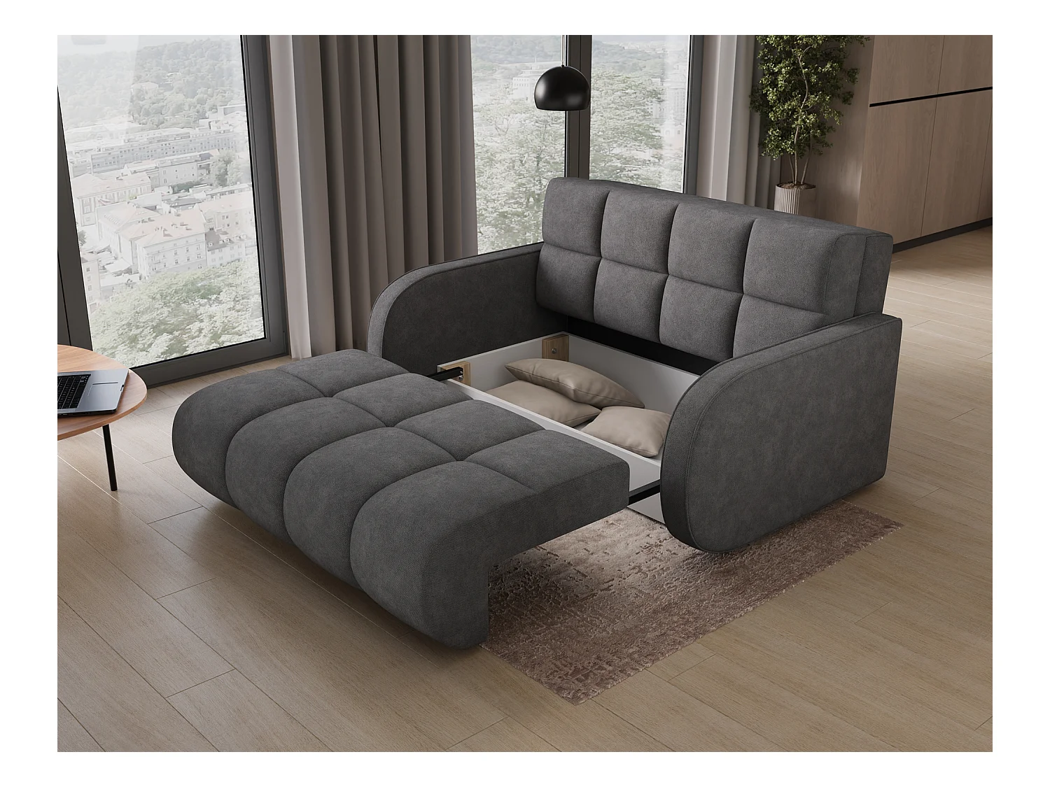 Canapé convertible tissu DENVERS – Avec coffre de rangement-Gris foncé