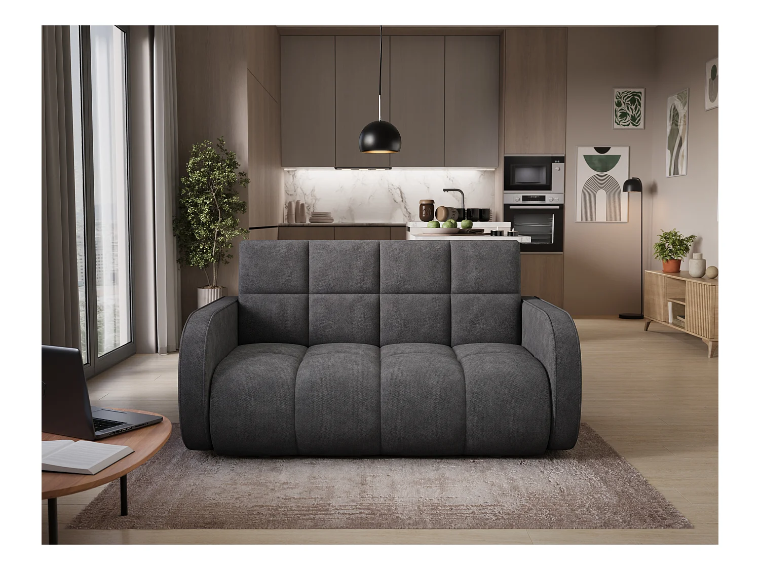 Canapé convertible tissu DENVERS – Avec coffre de rangement-Gris foncé