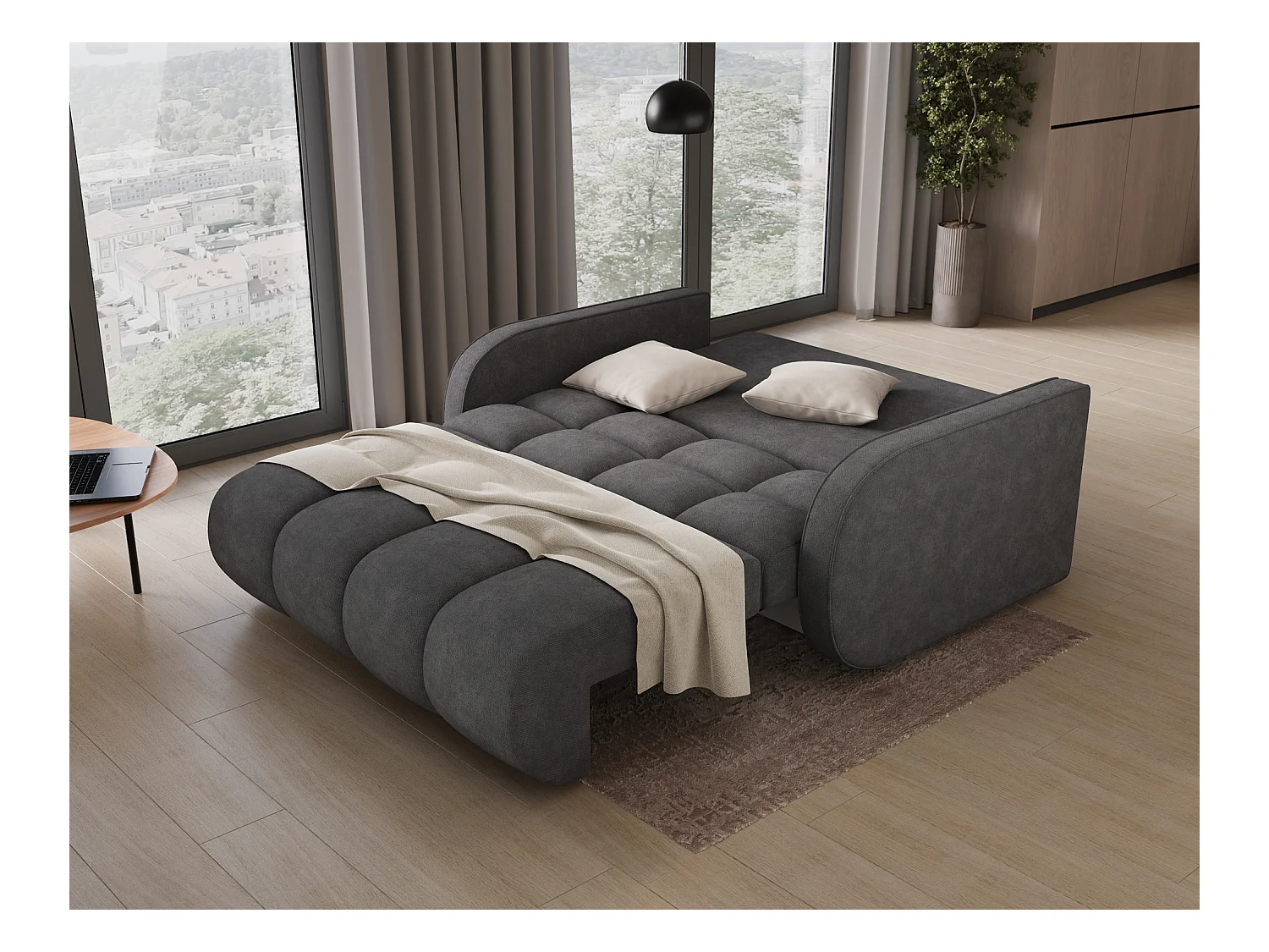 Canapé convertible tissu DENVERS – Avec coffre de rangement-Gris foncé