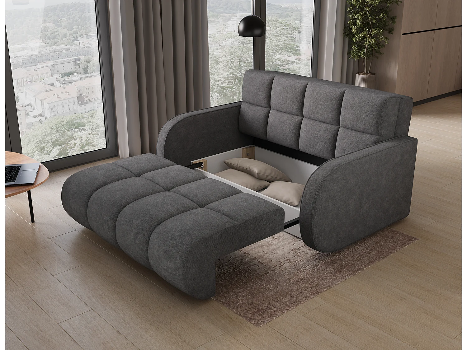 Canapé convertible tissu DENVERS – Avec coffre de rangement-Gris foncé