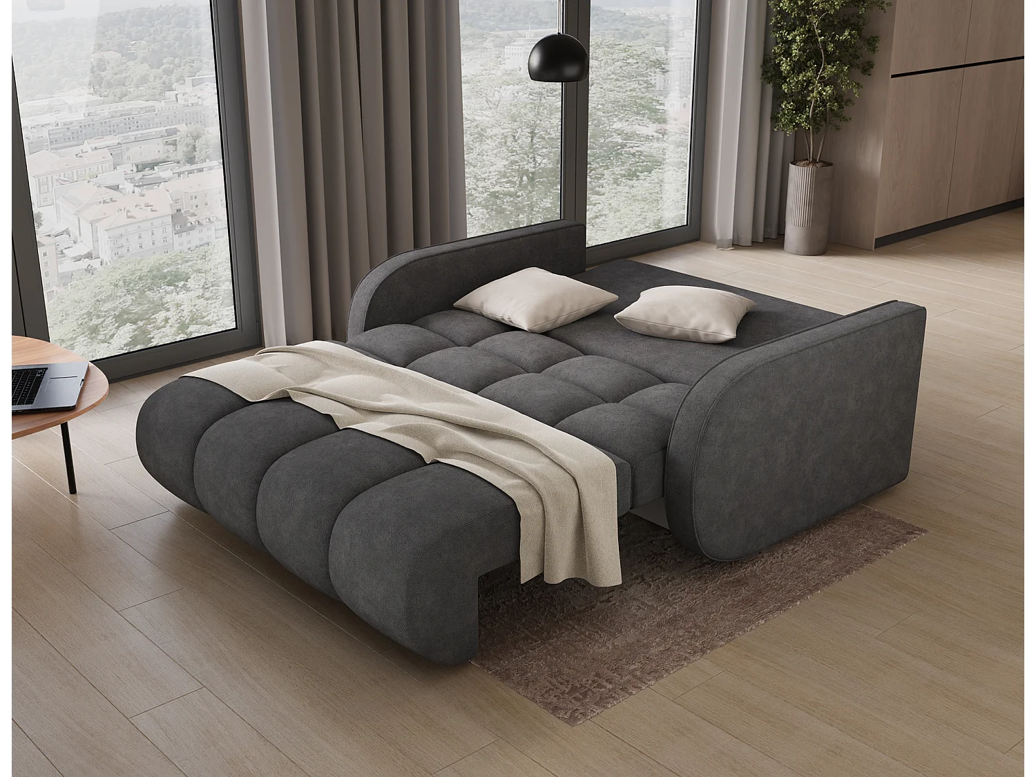 Canapé convertible tissu DENVERS – Avec coffre de rangement-Gris foncé