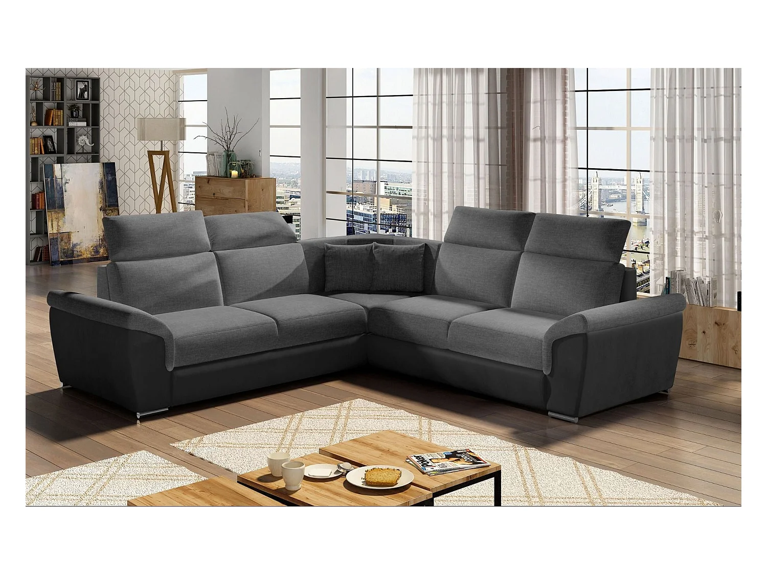 Canapé d'angle réversible et convertible bi-matières Neo - Pieds acier chromé-Noir/Gris