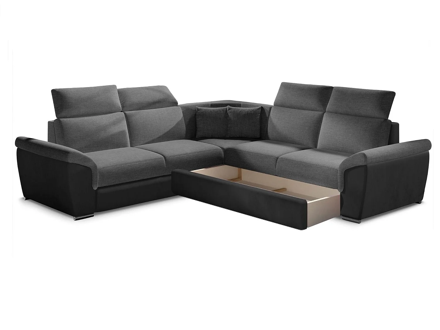 Sofá esquinero Neo reversible y convertible en dos materiales - Patas de acero cromado-Color Negro/Gris