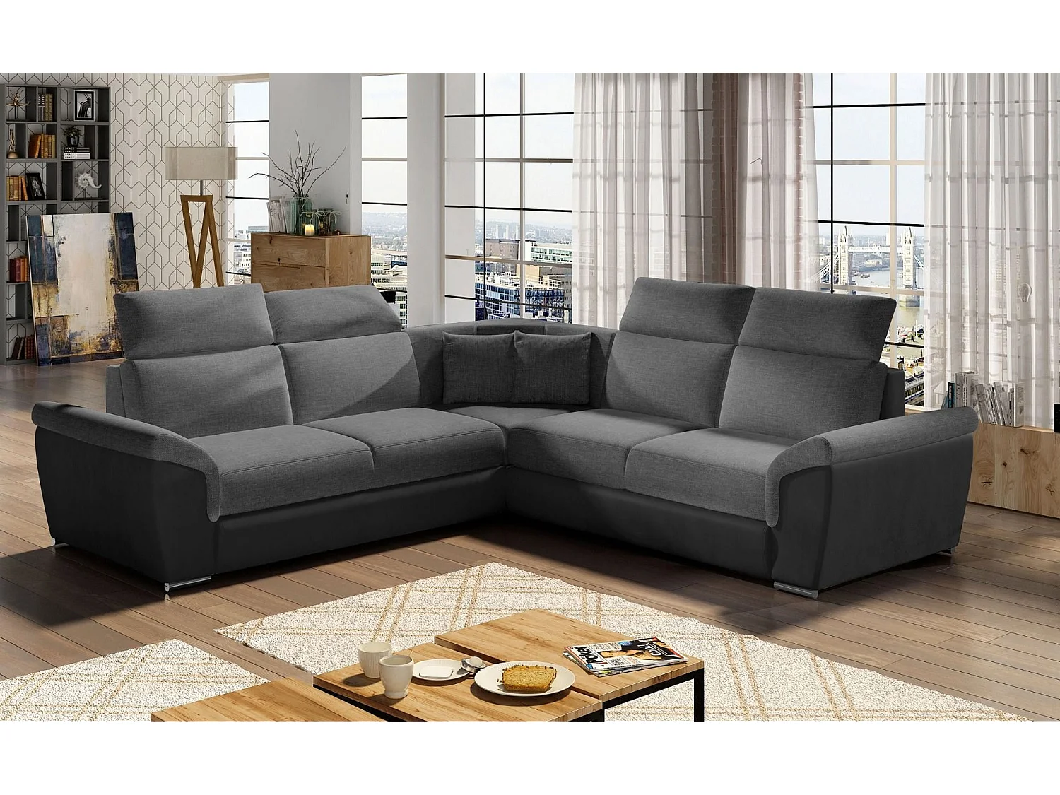 Sofá esquinero Neo reversible y convertible en dos materiales - Patas de acero cromado-Color Negro/Gris