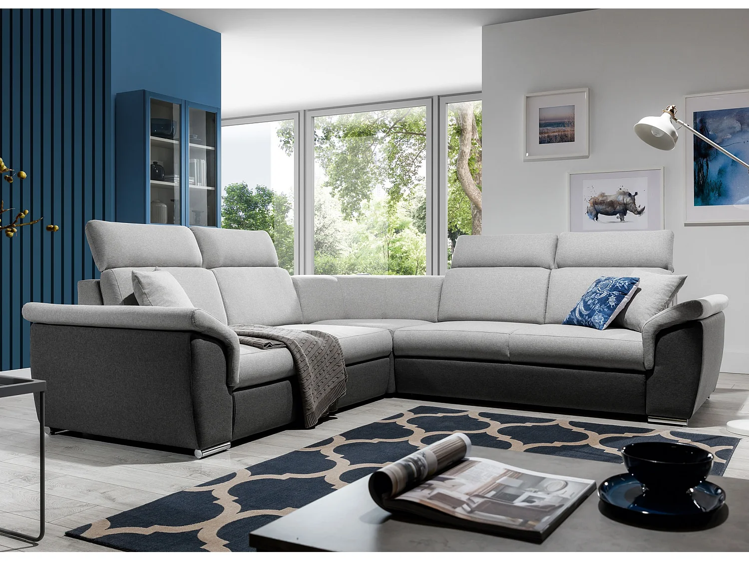 Sofá esquinero Neo reversible y convertible en dos materiales - Patas de acero cromado-Color Negro/Gris