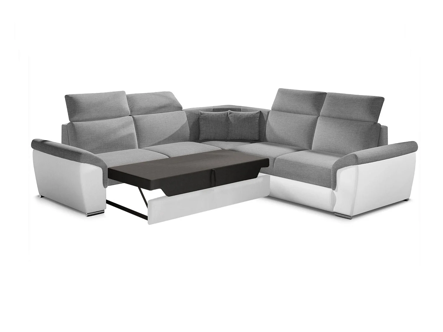 Canapé d'angle réversible et convertible bi-matières Neo - Pieds acier chromé-Blanc/Gris chiné