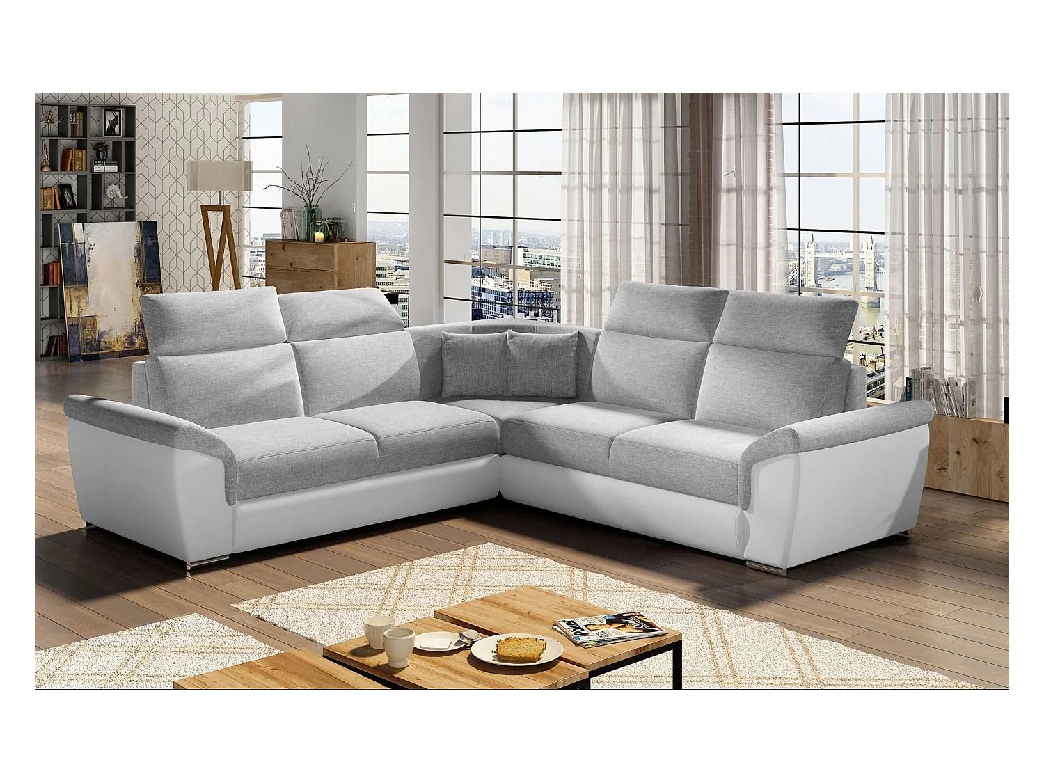 Canapé d'angle réversible et convertible bi-matières Neo - Pieds acier chromé-Blanc/Gris chiné