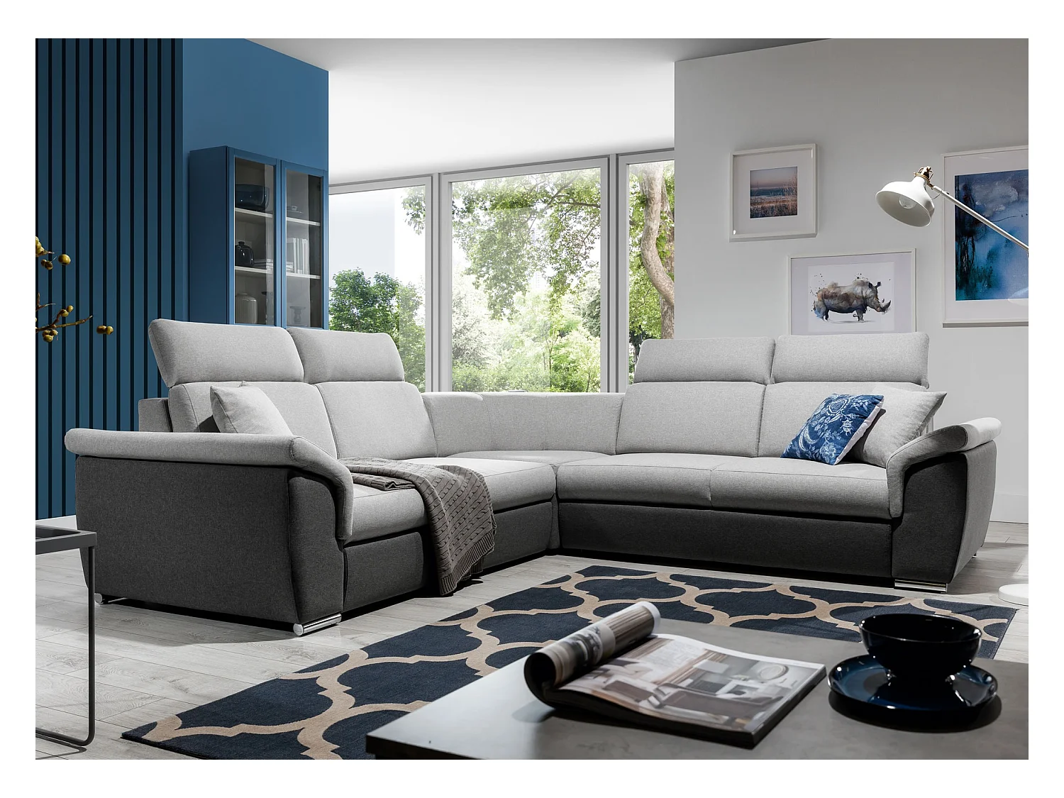 Canapé d'angle réversible et convertible bi-matières Neo - Pieds acier chromé-Blanc/Gris chiné