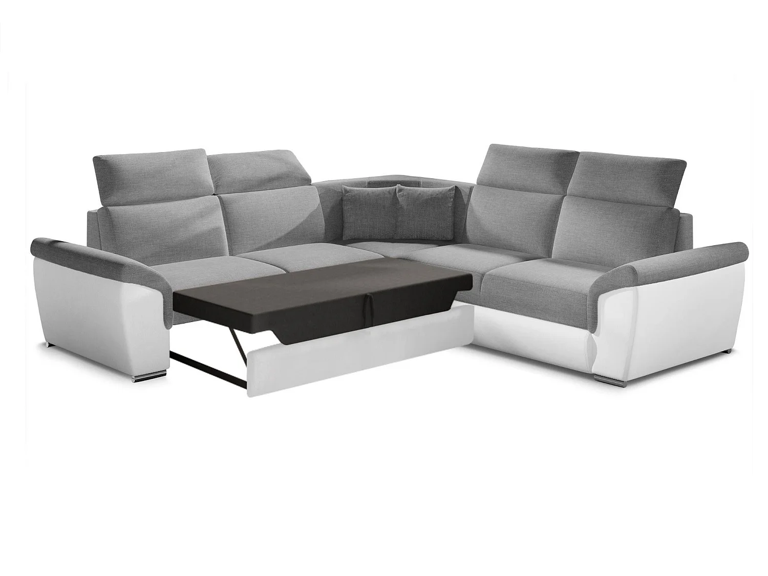 Sofá esquinero Neo reversible y convertible en dos materiales - Patas de acero cromado-Color Blanco/Gris jaspeado