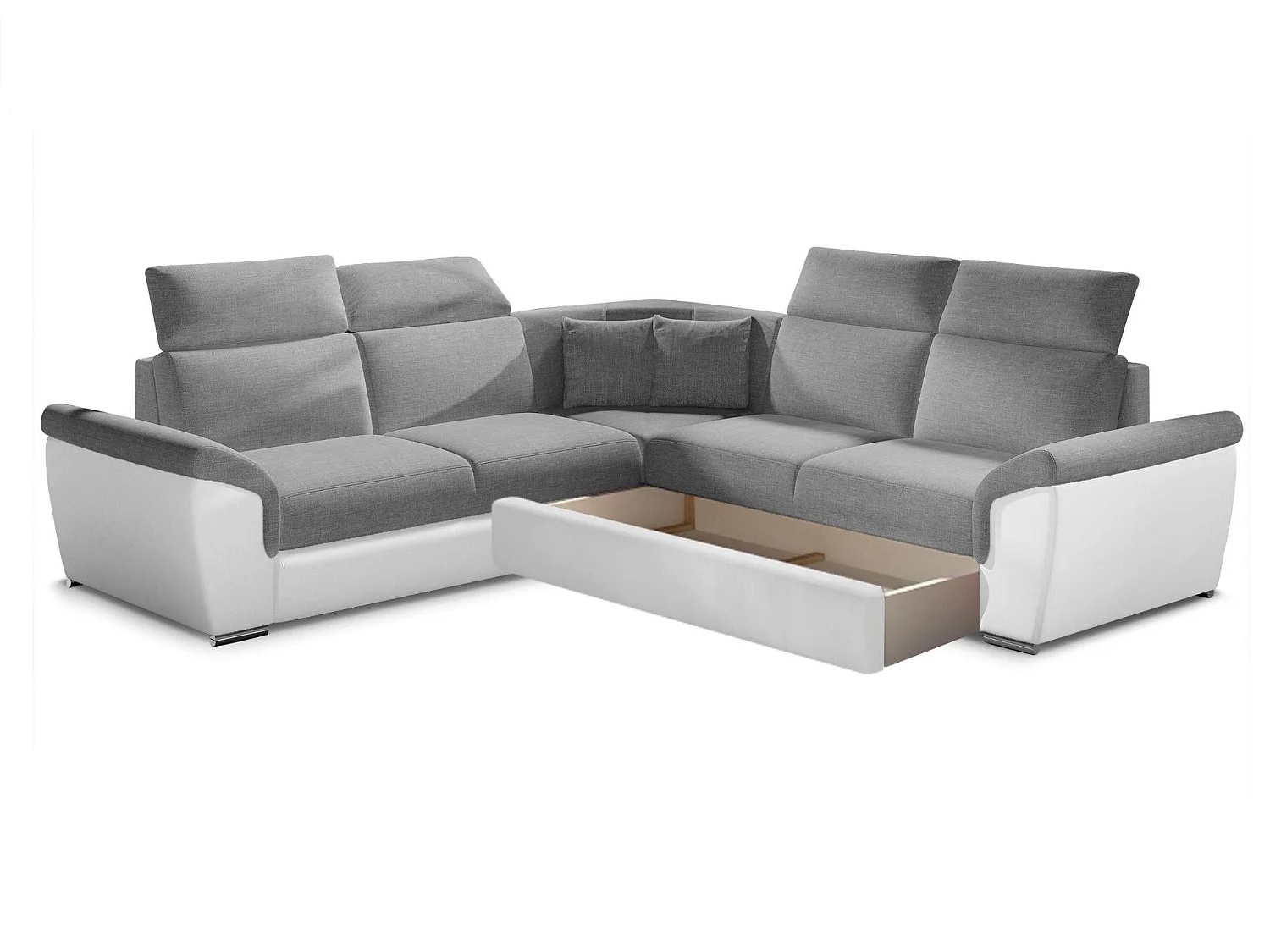 Sofá esquinero Neo reversible y convertible en dos materiales - Patas de acero cromado-Color Blanco/Gris jaspeado