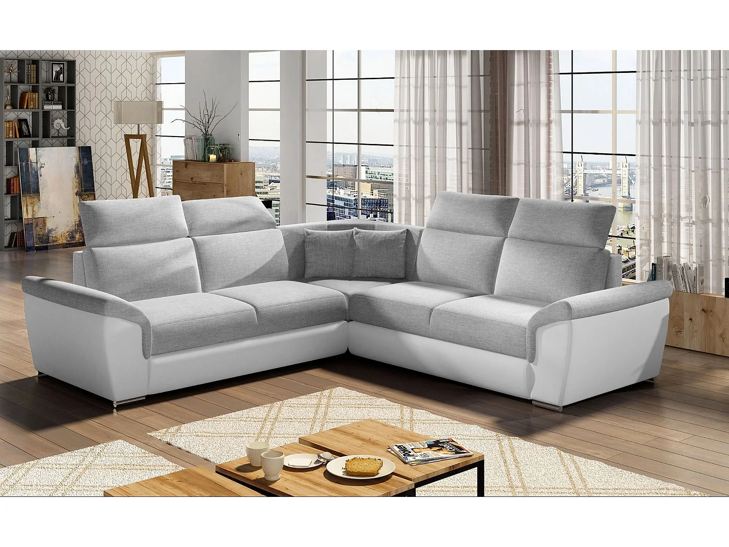 Sofá esquinero Neo reversible y convertible en dos materiales - Patas de acero cromado-Color Blanco/Gris jaspeado