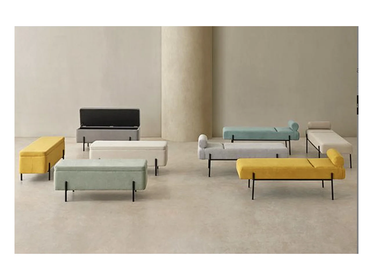 Banquette moderne en tissu et métal noir laqué BARCALO 140cm-Crème