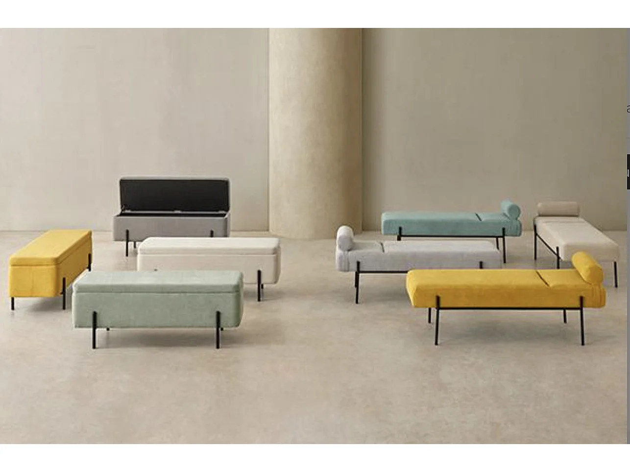 Banquette moderne en tissu et métal noir laqué BARCALO 140cm-Crème