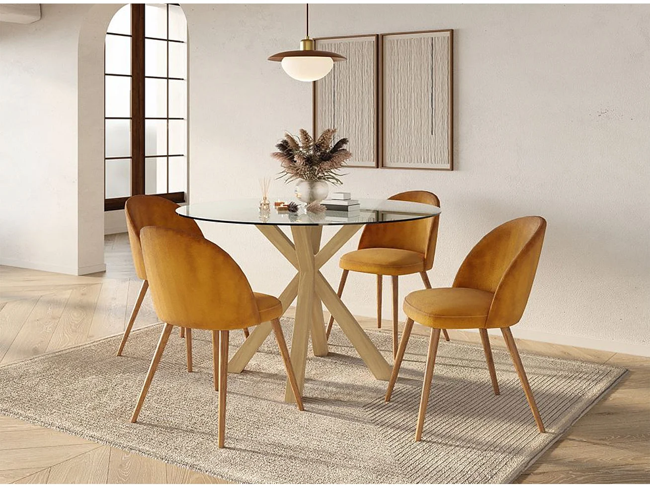 Silla BOMANE, estilo escandinavo - Asiento de terciopelo y patas de metal efecto madera clara-Amarillo