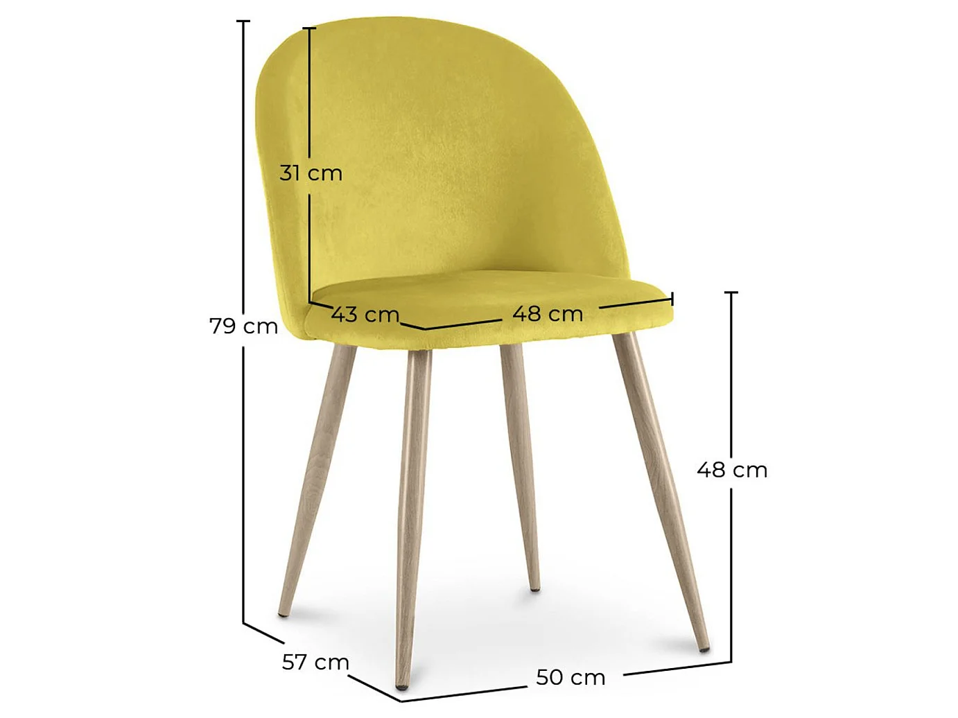 Silla BOMANE, estilo escandinavo - Asiento de terciopelo y patas de metal efecto madera clara-Amarillo