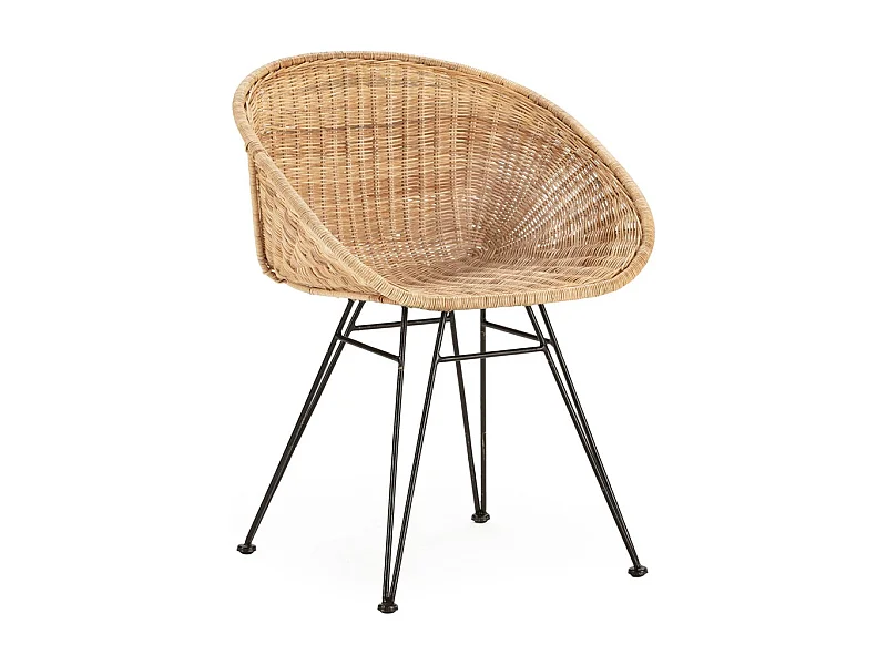 Fauteuil design en osier naturel et pieds métal noir LOUISA – intérieur et extérieur