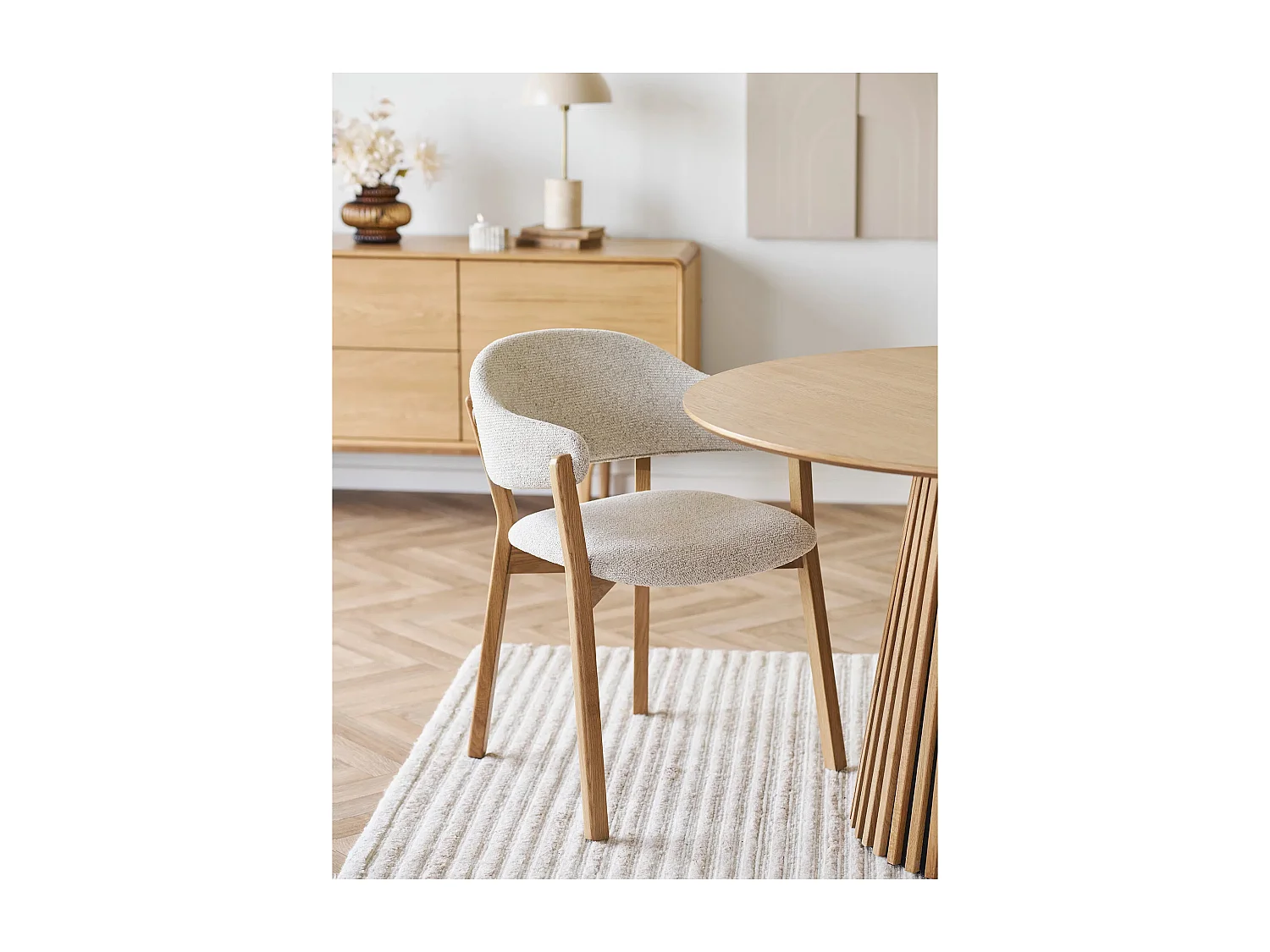 Fauteuil de salle à manger en chêne massif et tissu beige DUNKIRK