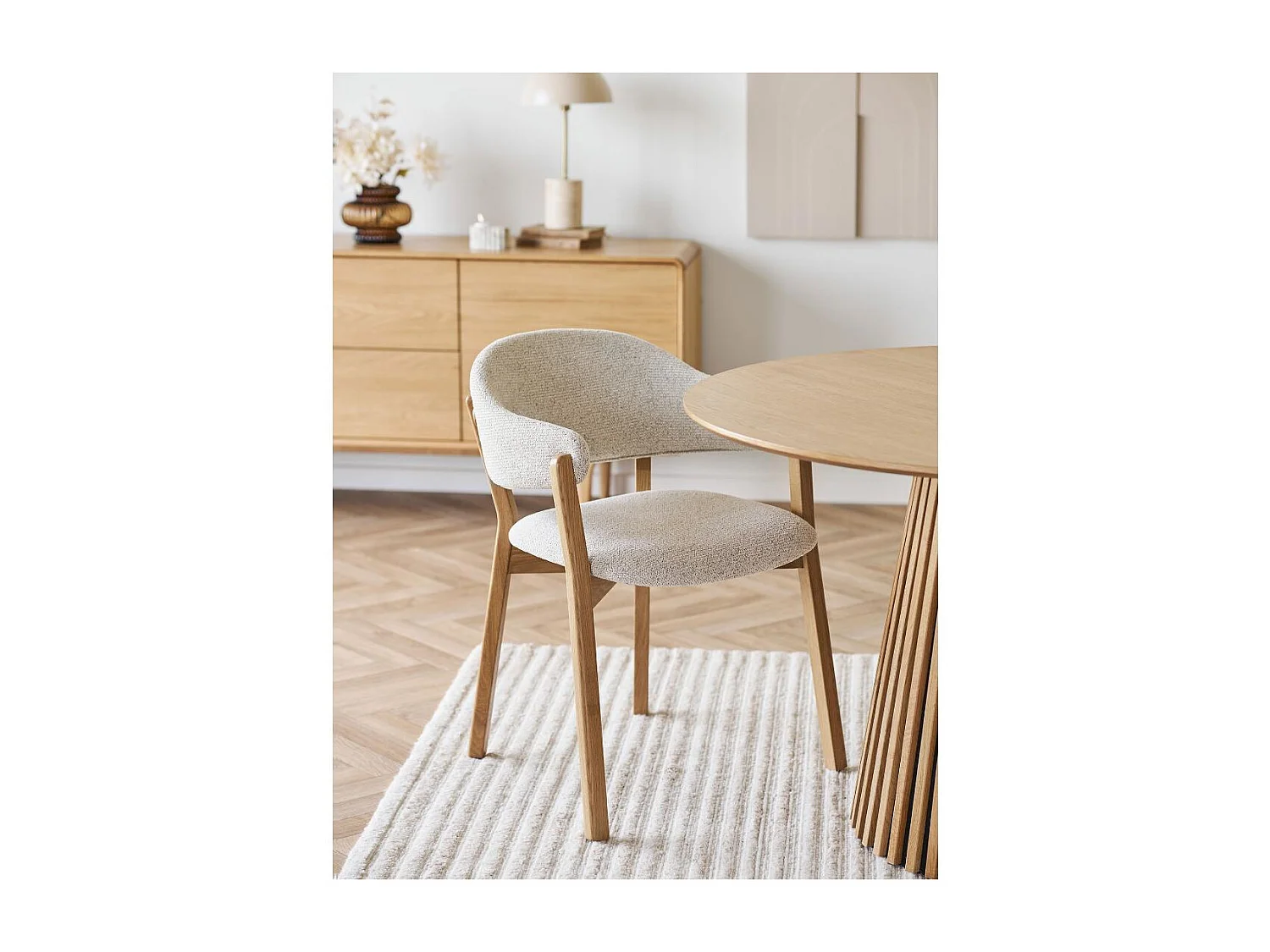 Fauteuil de salle à manger en chêne massif et tissu beige DUNKIRK