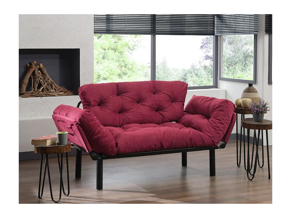 Canapé 2 places transformable en lit tissu bordeaux Pliaz 155cm