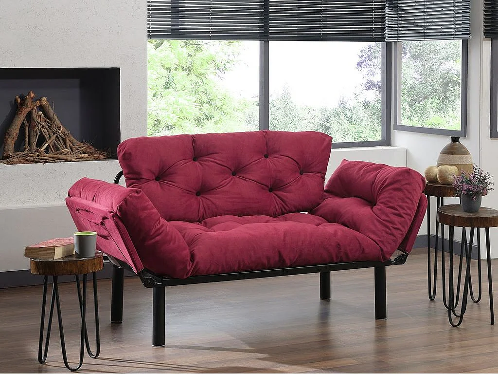 Canapé 2 places transformable en lit tissu bordeaux Pliaz 155cm