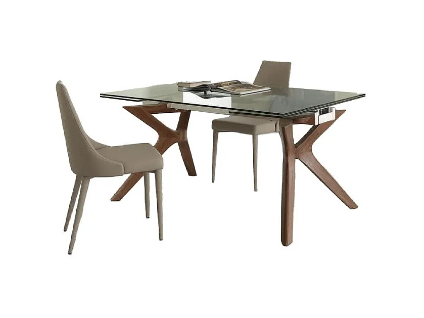Table de repas extensible Ladyane 160-240cm - Plateau en verre et piétement bois massif noyer