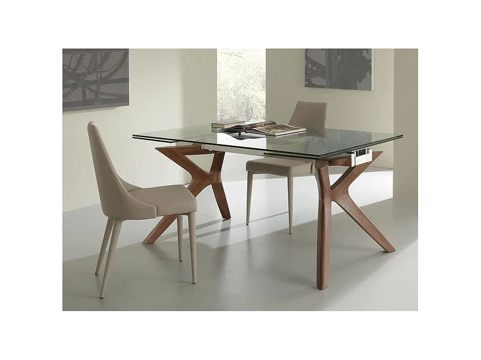 Table de repas extensible Ladyane 160-240cm - Plateau en verre et piétement bois massif noyer