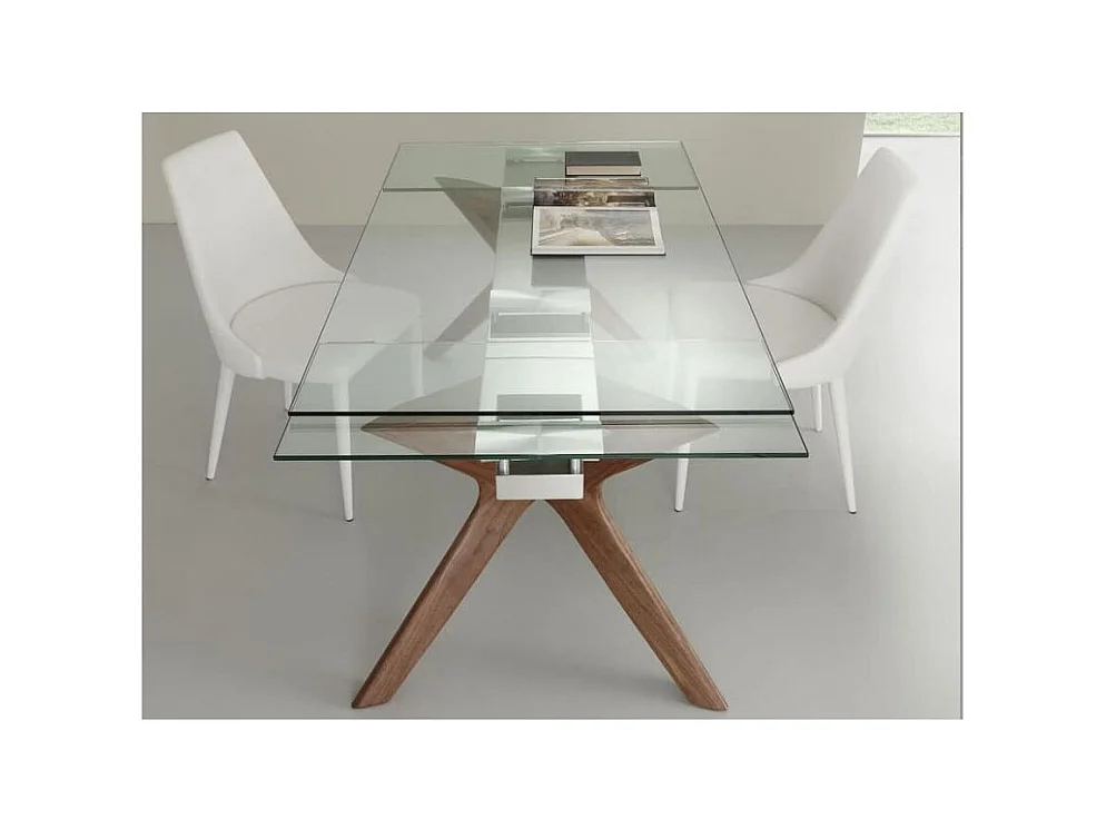 Table de repas extensible Ladyane 160-240cm - Plateau en verre et piétement bois massif noyer